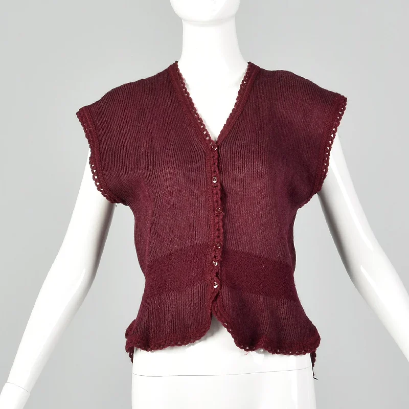 1930s Hug-Me-Tite Burgundy Sweater Vest Open Front Closed Front Wrap Front