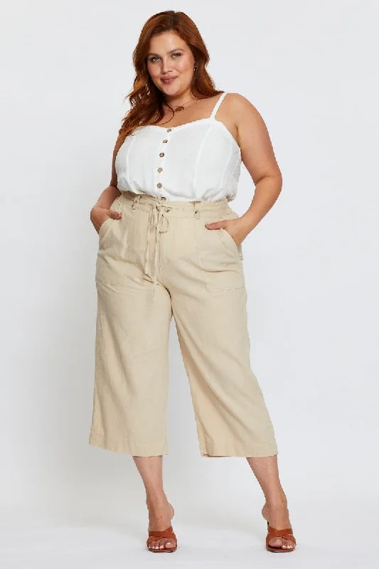 Beige Wide Leg Pants High Rise Linen Blend Crop High-Waist Jeans