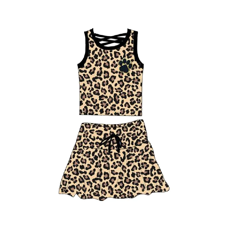Preorder GSD2077 Black brown Leopard print puppy paw Milk silk sleeveless top skirts shorts Girls Boutique Summer clothes  202502 low waist skirt