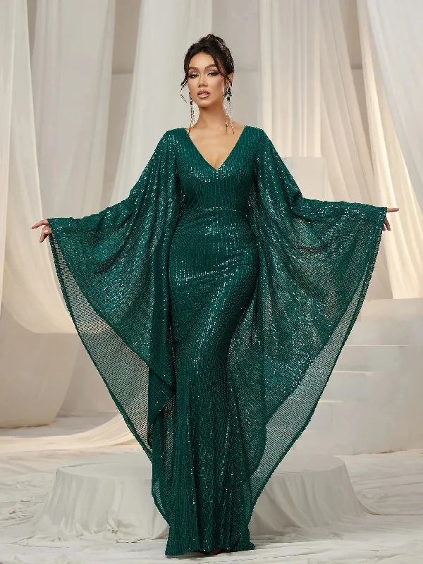 Elegant Plunging Neck Batwing Sleeves Mermaid Hem Sequin Formal Party Dress Tunics Mesh breathable