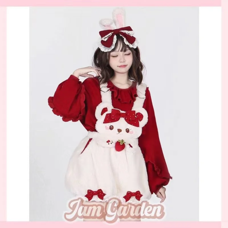 Cute Strawberry Bear Overalls Bud Pants + Lantern Sleeve Sweater Autumn Suit Fleece Sweater Nylon Polyester