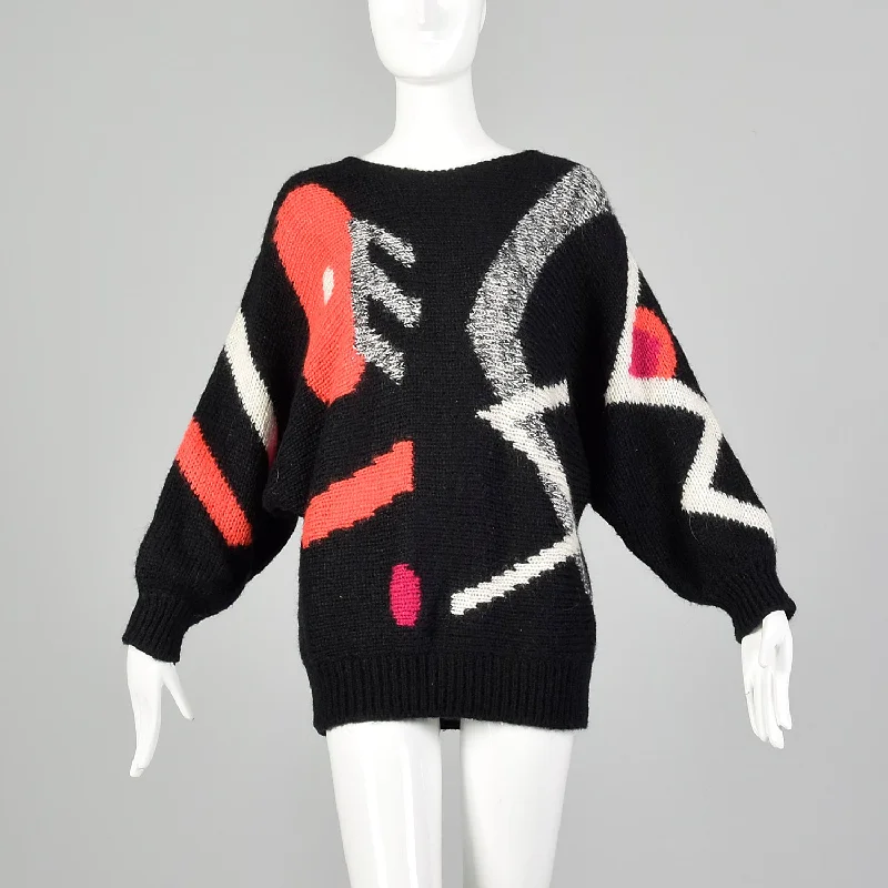 Medium Adolfo 1990s Black Geometric Sweater Thin Thick Dense