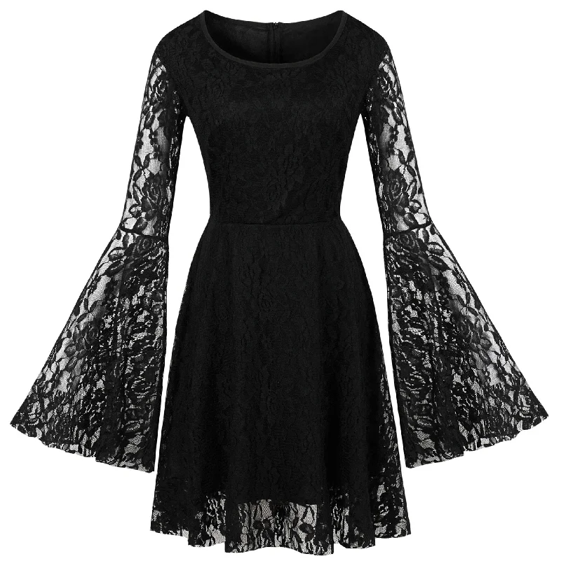 Black Gothic Lace Party Dress Long Flare Sleeve Halloween Goth Punk Vintage Retro Victorian Steampunk Mini Tunic Jurk Streetwear Shift Classic Vintage