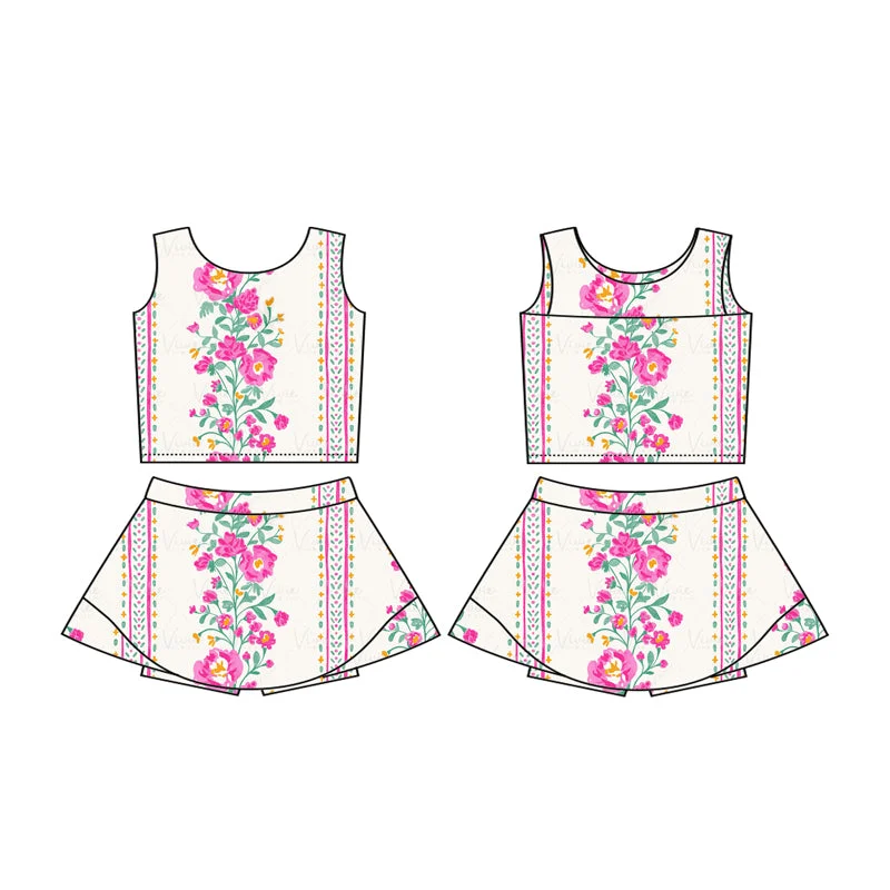 Preorder GSD2084 Yoga Outfit Beige Pink flower leaf striped refreshing vest skirts shorts Girls Boutique Summer clothes  202502 corduroy skirt cozy