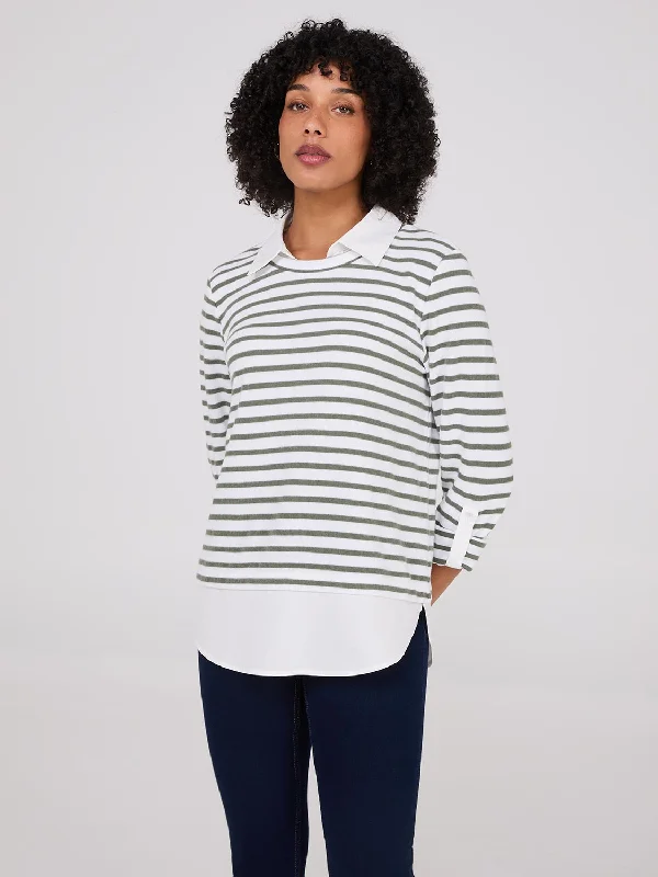2-Fer Striped Sweater With Blouse Print Jacquard Patchwork