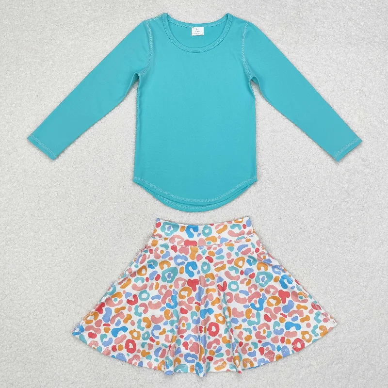 GLD0595 Blue-green solid color long sleeve color leopard print skirt set cashmere skirt soft