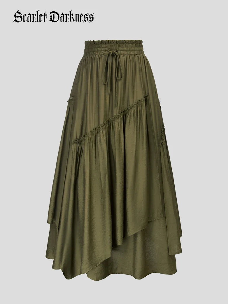 Overlay Decorated Drawstring Waist Irregular Hem Skirt silk skirt lustrous
