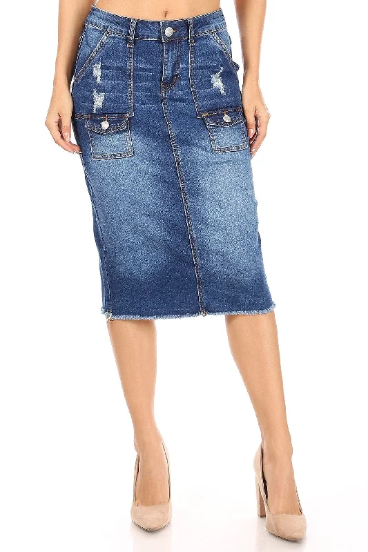 Calf  Length Stretch Denim Cargo Skirt (77875-SKT) pencil skirt chic