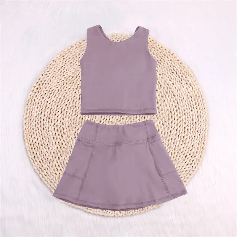 Preorder GSD1980 Yoga Outfit Baby Girls Sports clothes Grey Purple Sleeveless top skirts shorts Girls Boutique Summer clothes  202502 denim skirt classic