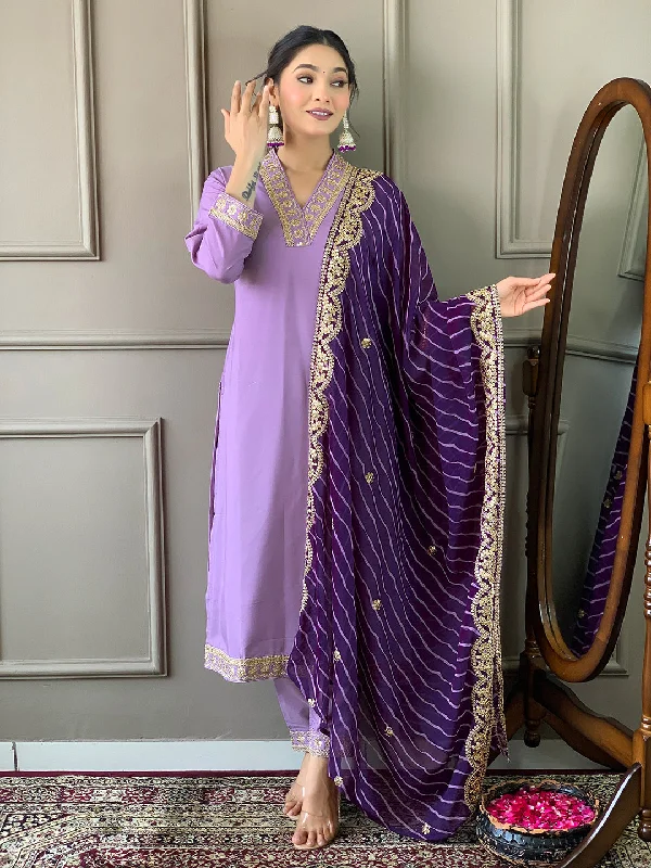 Purple Attractive Looking Pant Suit With Designer Embroidery Printed Work Soft Wool Pants