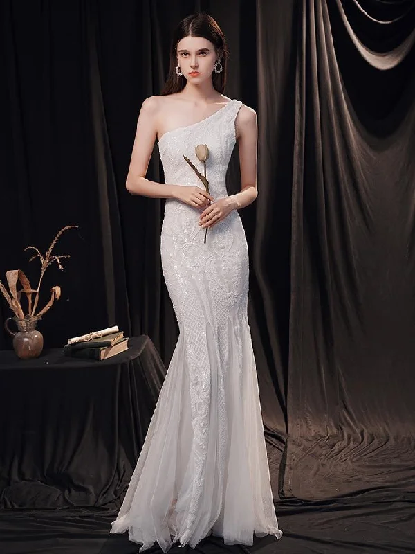Elegant One Shoulder White Long Sequin Evening Dress Party Dress Wedding Wear Tunics Sophisticated sleek