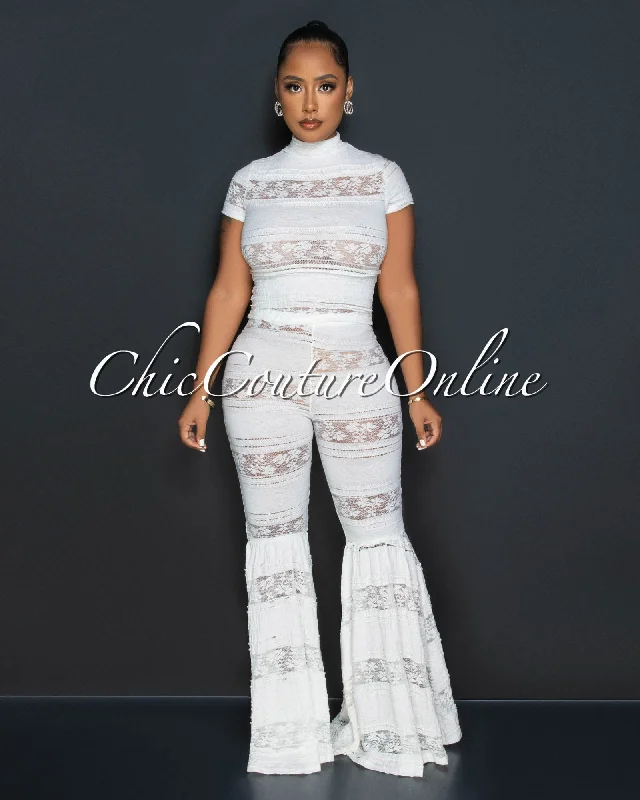 Duncan Off-White Lace Top & Flare Leg Pants Sheer Set Soft Cotton Pants