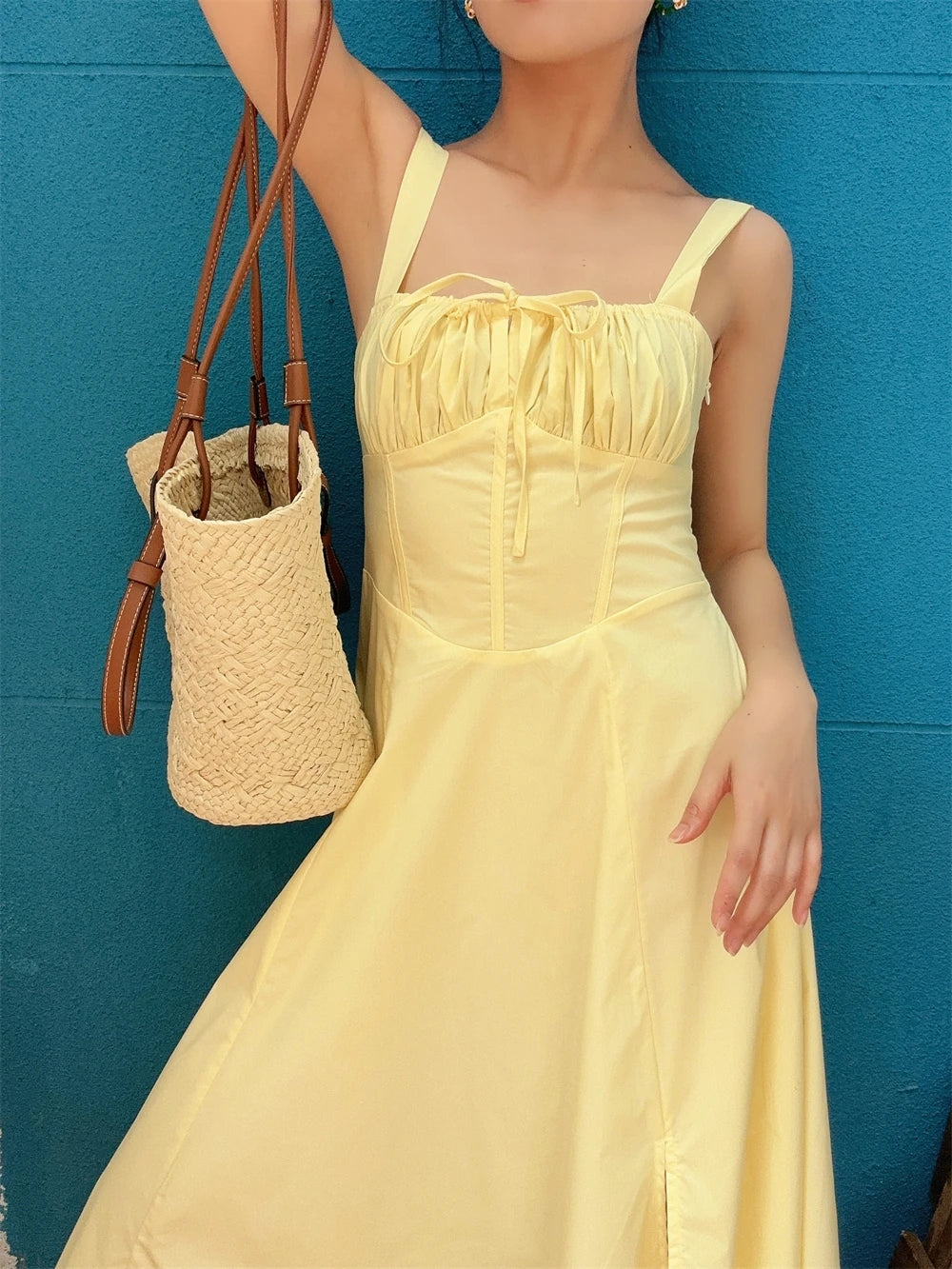 LIZAKOSHT  -  French Vintage Strap Birthday Party Dress High Split Lace-up Summer Off Shoulder A-line Sleeveless Prom Robe Solid Vestido Mujer Tunics Exclusive limited