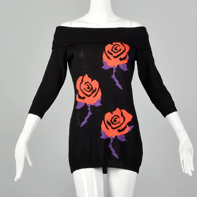 XS Gianni Versace Spring Summer 1988 Black Novelty Sweater Bright Pastel Dark