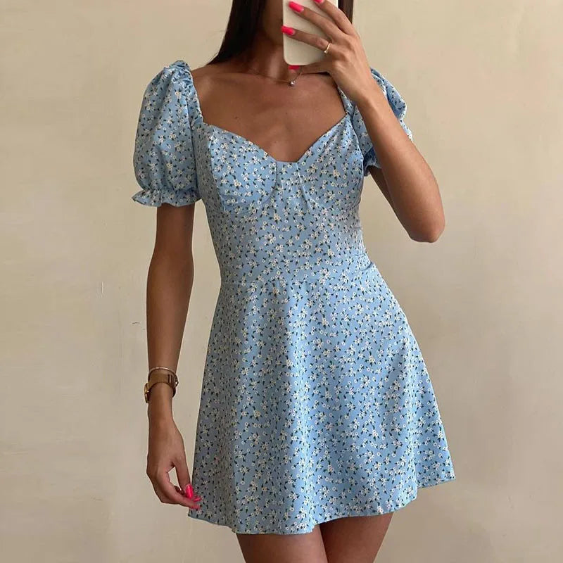 LIZAKOSHT  -  Summer Sweet Floral Printing French Party Dress Female Sexy Square Collar Backless Lace-up Dresses Fashion Puff Sleeves Skirts Tunics Business professional