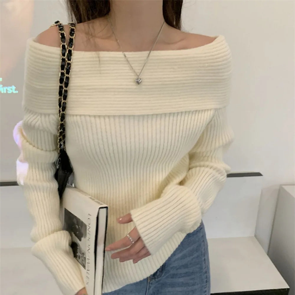 Sexy White Flat-neck Feminine Collarbone Off-shoulder Slimming Sweater Sequined Glittery Shiny