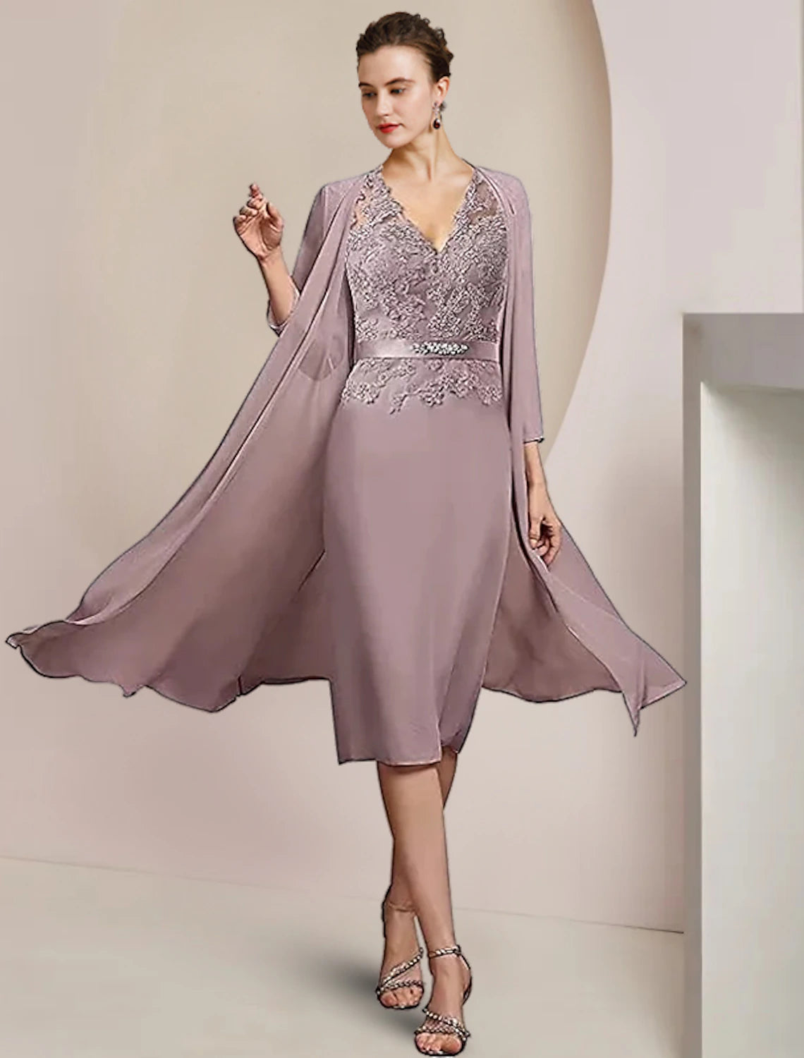 Two Piece Sheath / Column Mother of the Bride Dress Formal Wedding Guest Elegant V Neck Knee Length Chiffon Lace Sleeveless Jacket Dresses with Appliques Crystal Brooch Mesh Jacket Canvas Jacket Denim Jacket