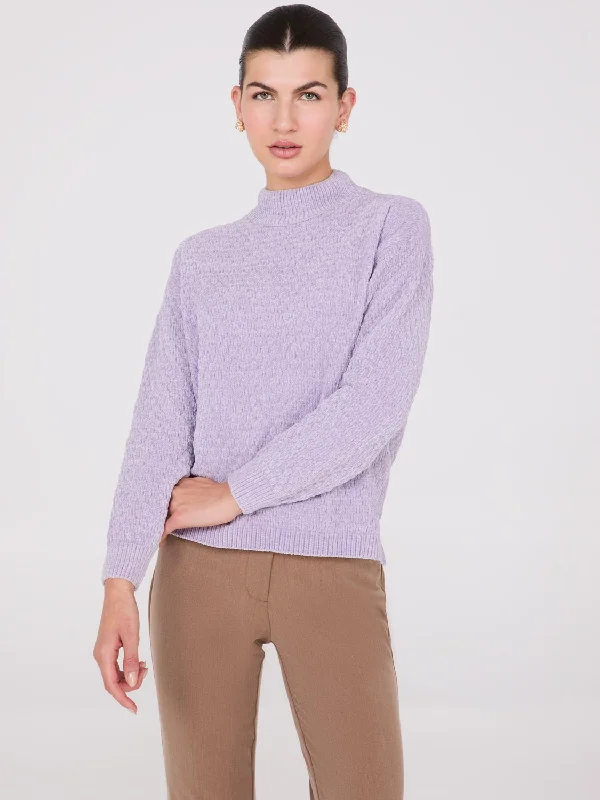 Chenille Mock Neck Sweater Real Fur Shearling Chenille