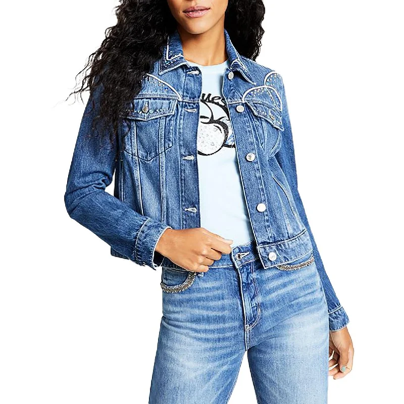 Guess Womens Embellished Denim Denim Jacket Oversized Jacket Tailored Jacket Straight Jacket