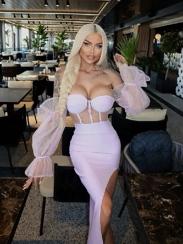 Lizakosht Elegant Violet Mesh Puff Sleeve High Slit Bandage Dresses Sexy Off Shoulder Sequins Long Sleeve Midi Dress Evening Party Dress Tunics Stylish elegant