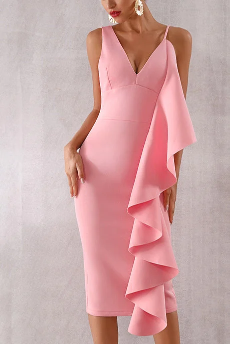 Pink Ruffle Trim Sleeveless Bodycon Party Dress Tunics Party sparkling