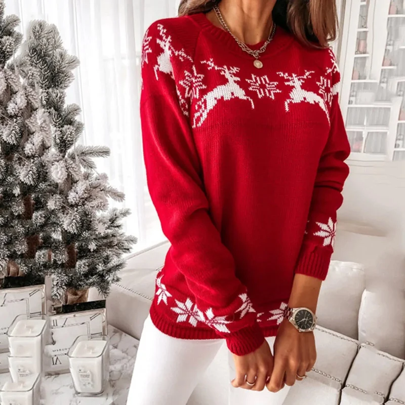 Elk Snowflake Christmas Sweater for Casual Autumn Winter Wear Houndstooth Herringbone Solid
