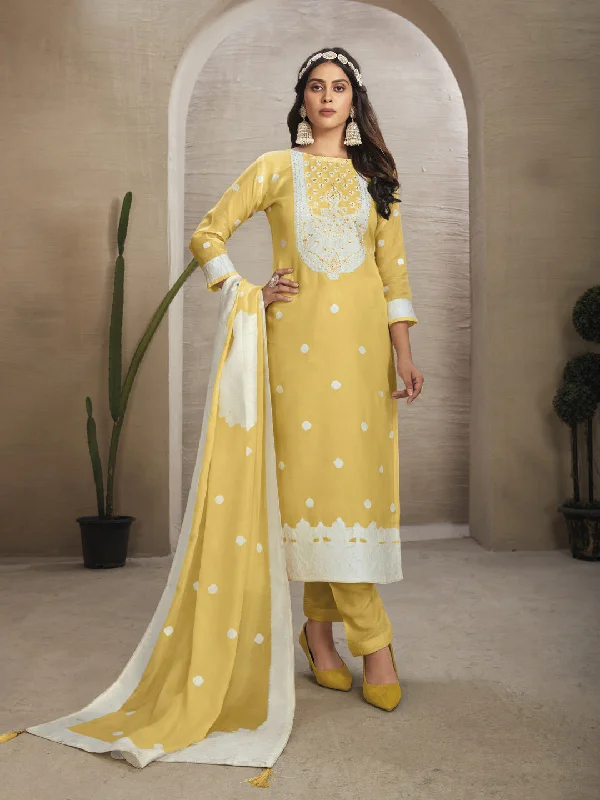 Yellow Organza Pant Suit With Wevon Design Diamond Work Elegant Palazzo Trousers