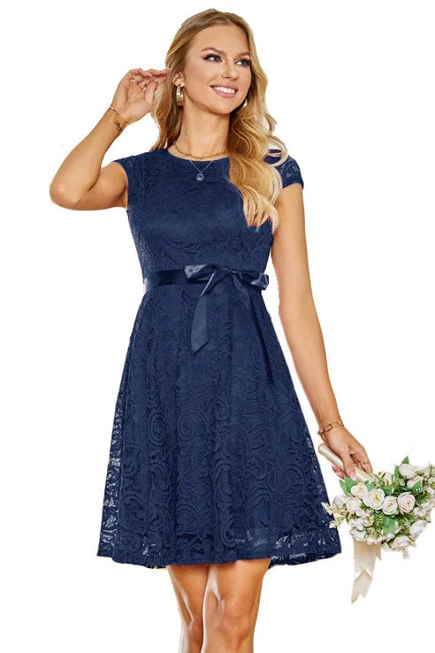 Dark Navy Lace Cap Sleeves A-Line Party Dress Tunics Sophisticated sleek