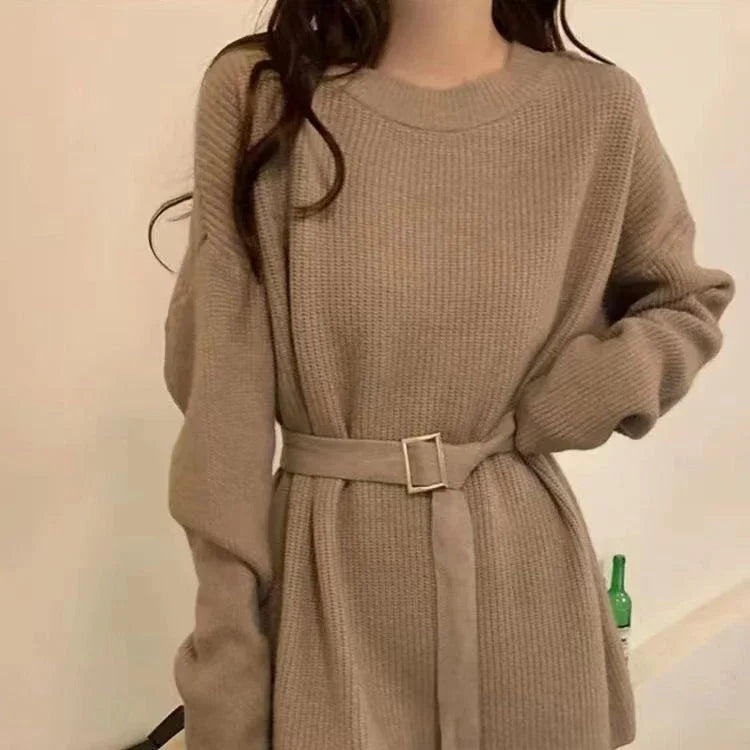 Autumn Winter Loose Lace Waist Oversized Soft Knitted Sweater Mesh Blend Leather Blend Suede Blend