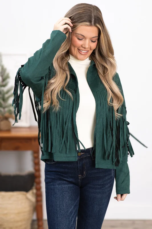 Emerald Green Vegan Suede Jacket With Fringe Elasticated Jacket Padded Jacket Insulated Jacket
