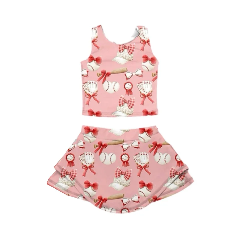Preorder GSD2044 Yoga Outfit Red Pink bows baseball sleeveless top skirts shorts Girls Boutique Summer clothes  202502 corduroy skirt cozy