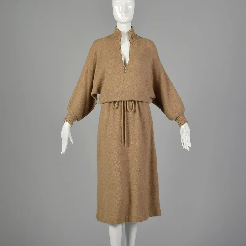 Medium Diane Von Furstenberg 1970s Tan Sweater Dress Iron Safe Non-Iron Wrinkle Free