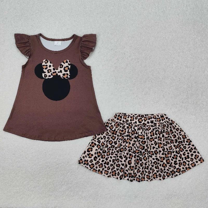 GSD1664 Brown Ruffle Sleeveless top Leopard print skirts baby girls boutique summer 2025  outfits 202501 denim skirt stylish
