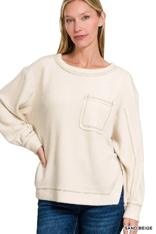 BRUSHED HACCI HI-LOW ROUND NECK SWEATER in SAND BEIGE Wool Fabric Cashmere Fabric Tweed Fabric