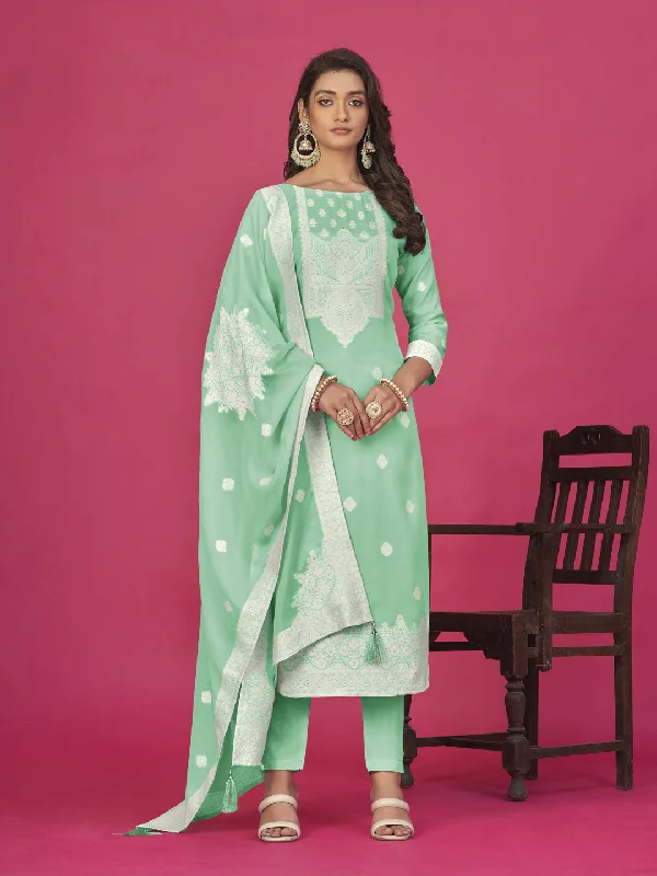 Sea Green Designer Readymade Organza Pant Suit With Wevon Design Baadla Work Cozy Full-Length Pants