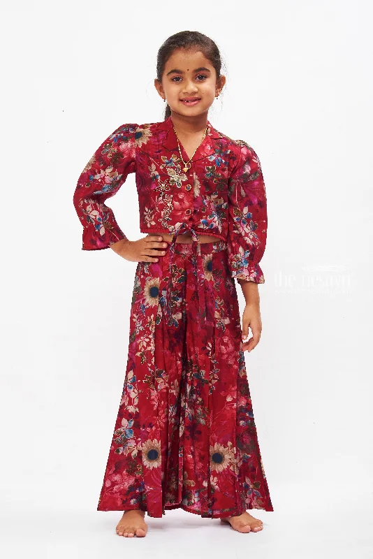 Ruby Red Floral Jacket and Palazzo Ensemble for Girls Ribbed Jacket Pleated Jacket Ruffled Jacket