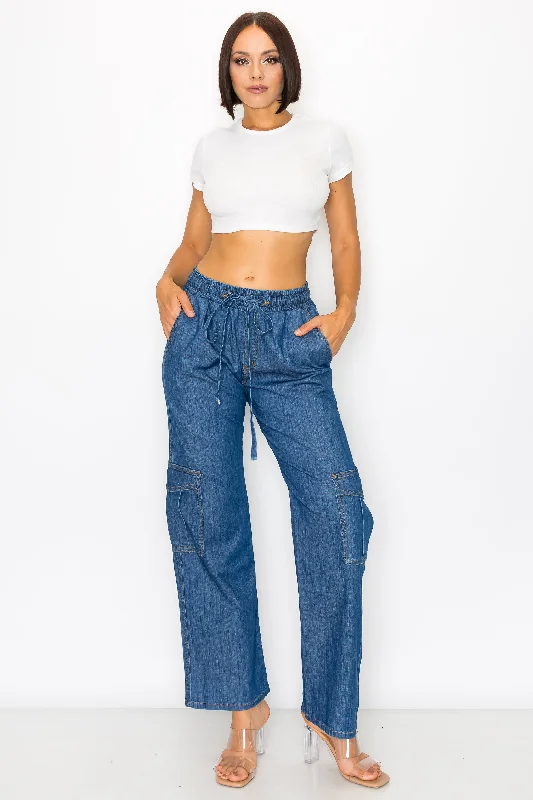 40481 Women's Denim Wide Leg Cargo Pants with Waistband Trendy Work Pants
