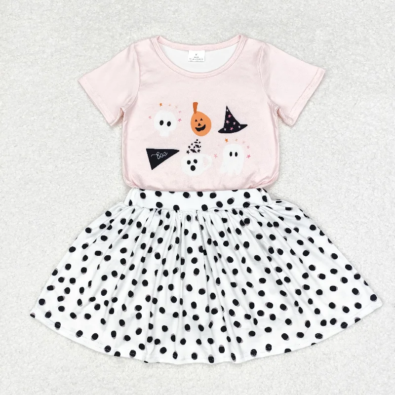GSD1407 Halloween Ghost Pumpkin pink short sleeve black polka dots white skirt suit leather skirt sleek