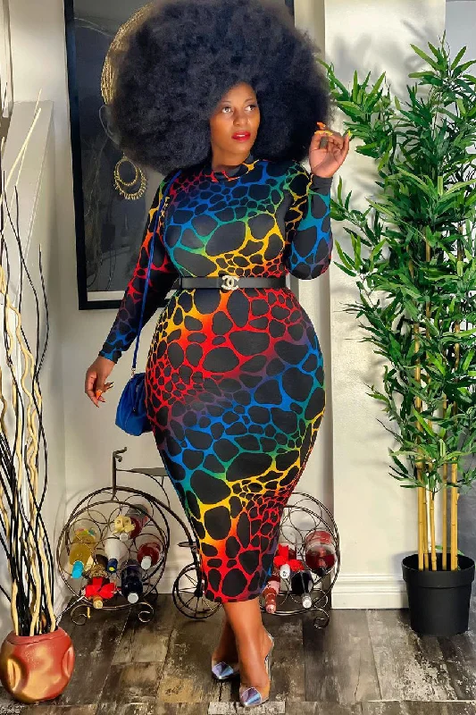 Plus Size Print Long Sleeve Party Dress High-Low Hemline Casual