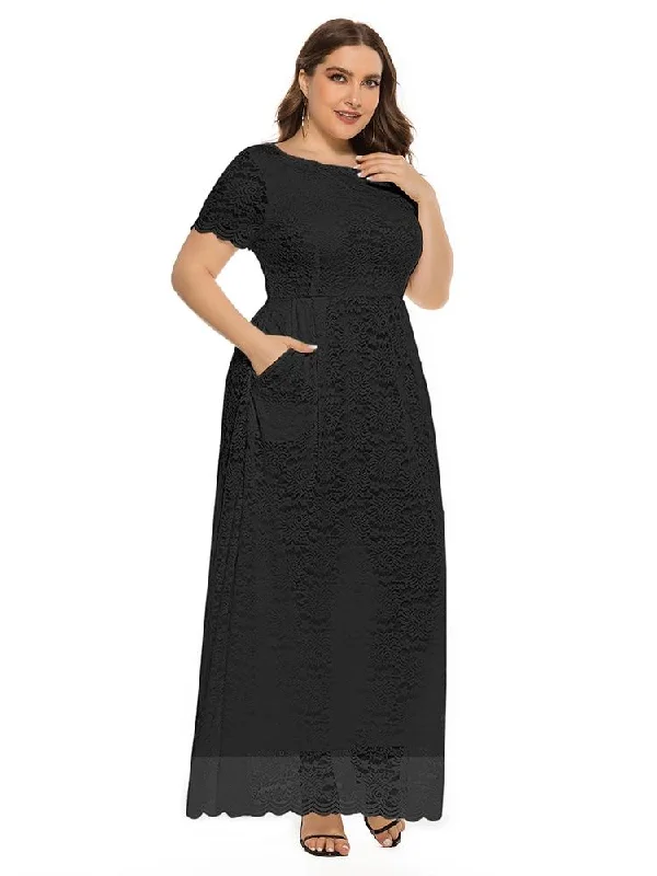Black White 5XL Lace Dresses Short Sleeve O Neck Long Formal Robes Pocket Formal Party Dress Plus Size Halter Neckline Beach