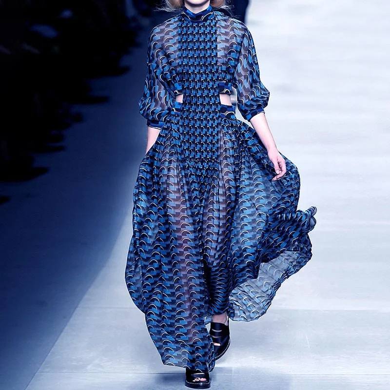 Hottest Blue Stripes Long Sleeves Turtleneck Sexy Hollow Out Waist A line Floor Length Charming Party Dress CODE: KAR1442 Pleated Skirt Elegant