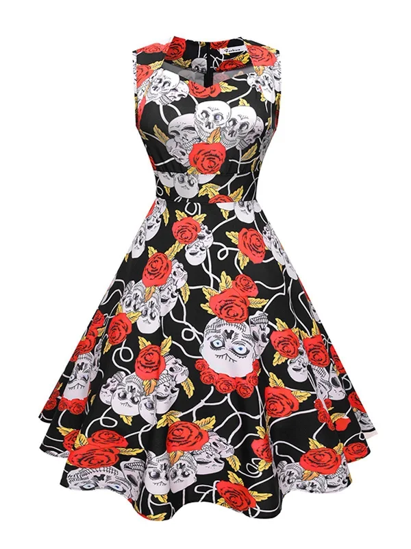 Black 1950s Skull Rose  Swing Party Dress Tunics Solid Classic