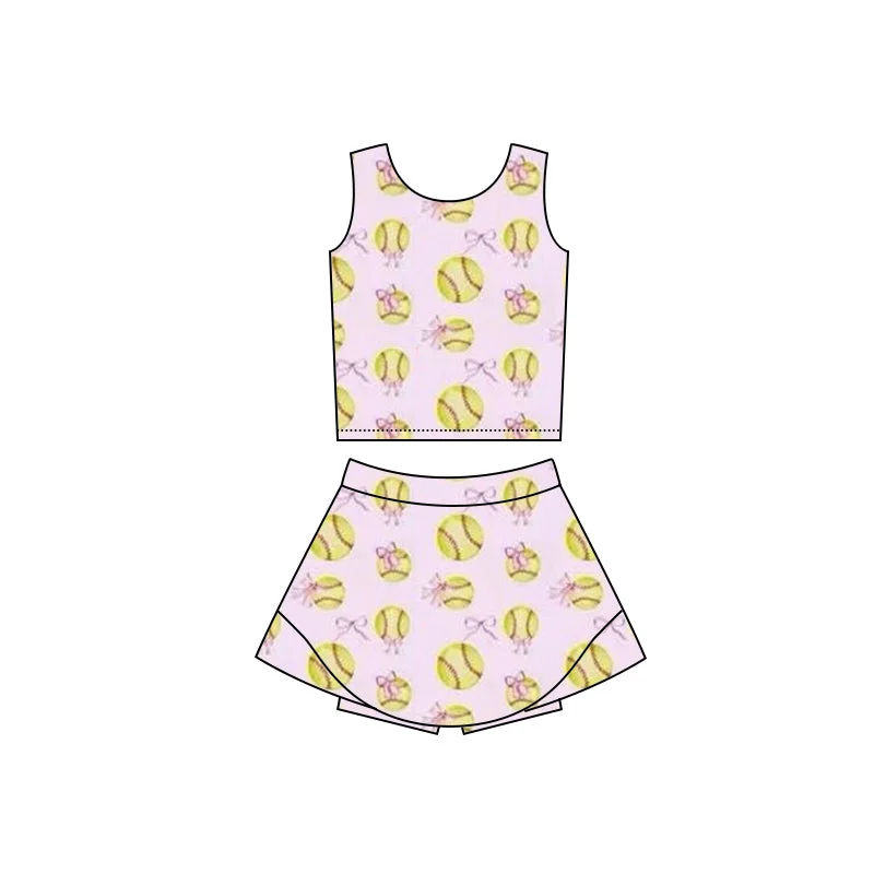 Preorder GSD2045 Yoga Outfit Purple Pink bows baseball sleeveless top skirts shorts Girls Boutique Summer clothes  202502 chiffon skirt flowing