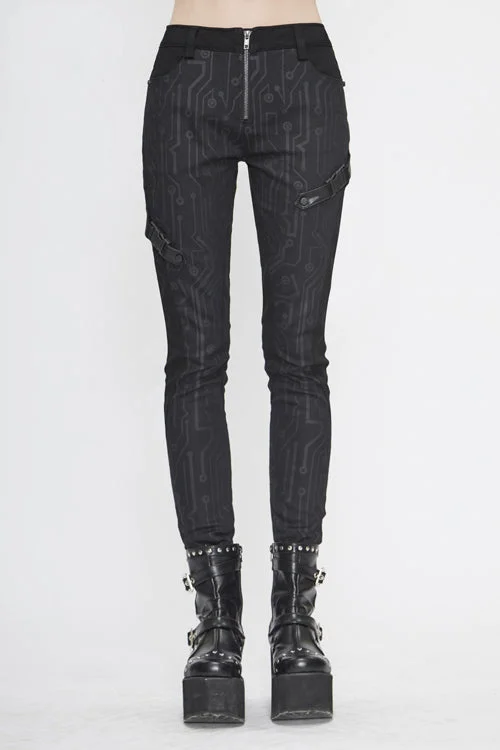 Black Punk Circuit Printed Leather Loops Womens Pants Casual Yoga Pants