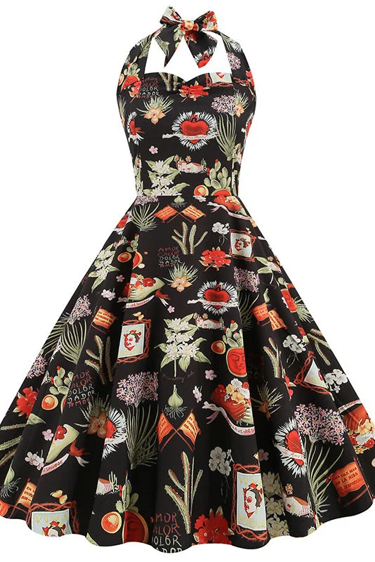 Classic Print Halter A-Line Party Dress Tunics Practical easy-care