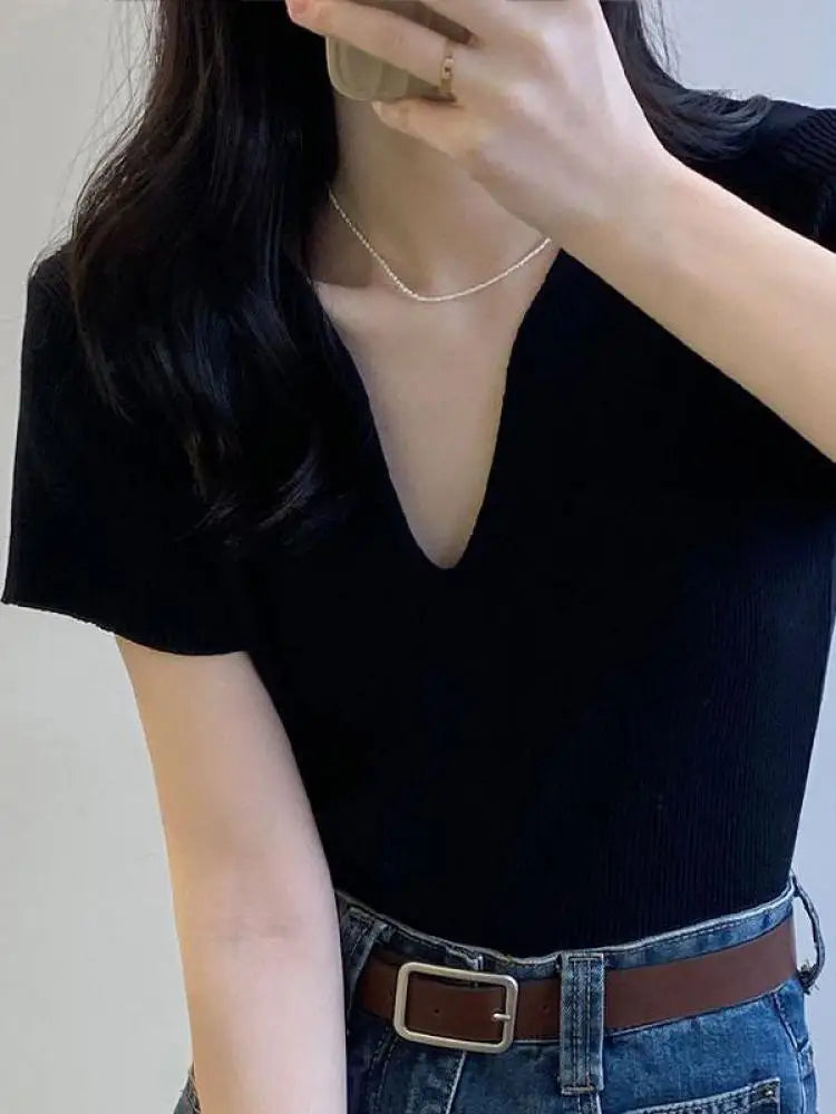 Basic V-neck Solid Summer Knitted Ribbed Slim Short Sweater Soft Cozy Warm