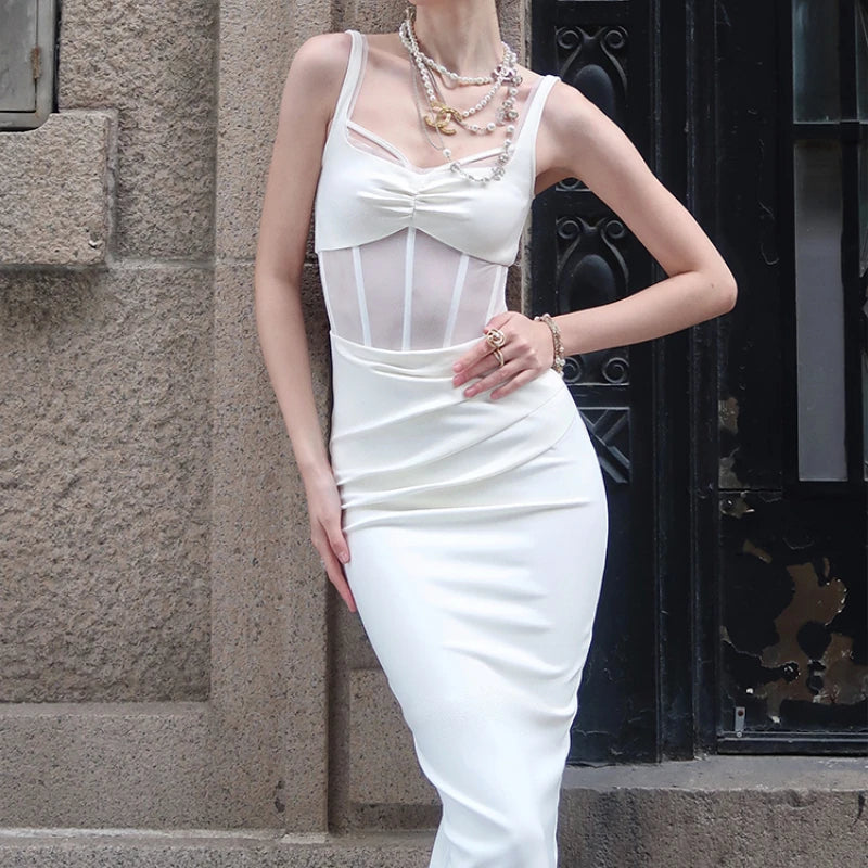 LIZAKOSHT -  Sexy White Slim Strap Tight Evening Party Dress Square Neck Underwear Top Fold Sleeveless Formal Prom Lady Dresses Tunics Bestseller popular