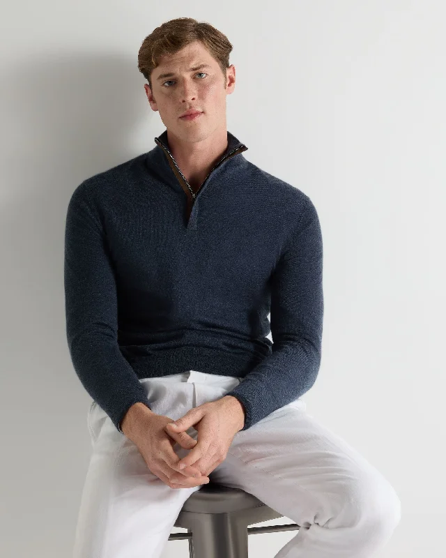 Men's Regent Fine Gauge Cashmere Half Zip Sweater Indigo Blue Casual Formal Business