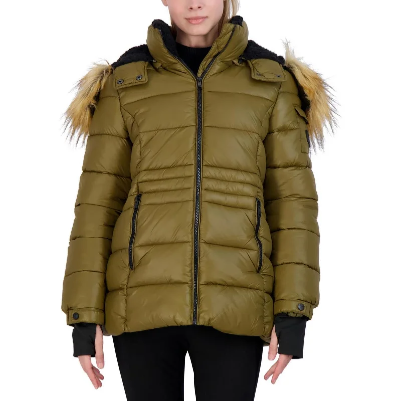 Steve Madden Womens Juniors Insulated Nylon Puffer Jacket Zippered Jacket Buttoned Jacket Snapped Jacket