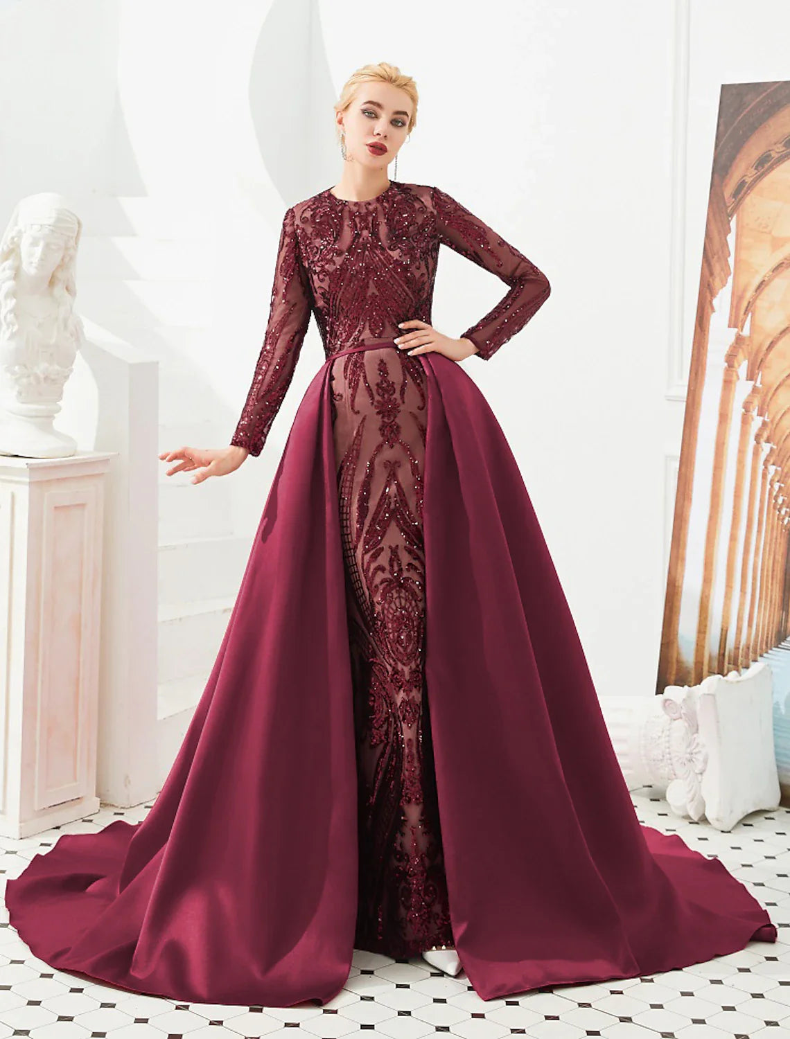 Mermaid Party Dress Evening Gown Luxurious Dress Carnival Wedding Guest Court Train Long Sleeve Jewel Neck Detachable Satin with Sequin Overskirt Pattern / Print Tunics Luxurious premium